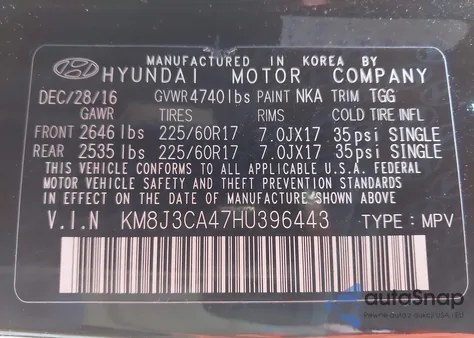 2017 Hyundai Tucson Se from USA, damaged, VIN KM8J3CA47HU396443